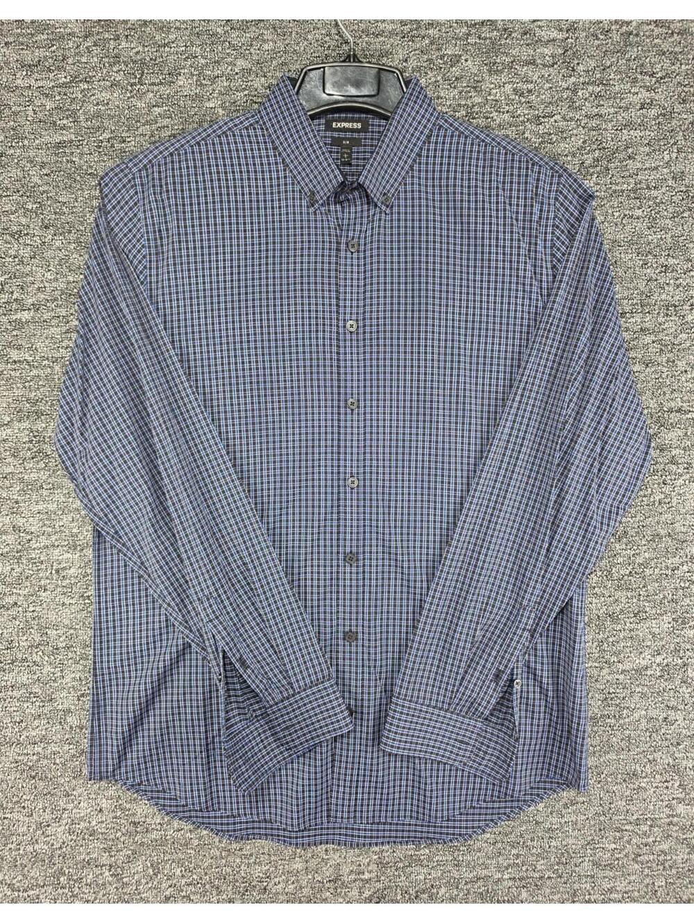Express Men's Slim Fit Stretch Moisture Wicking Dress Shirt Blue Check 16 32/33